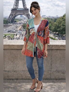 CAbi Women's Multicolor Paisley Patchwork Kimono Size M 3/4 Sleeve